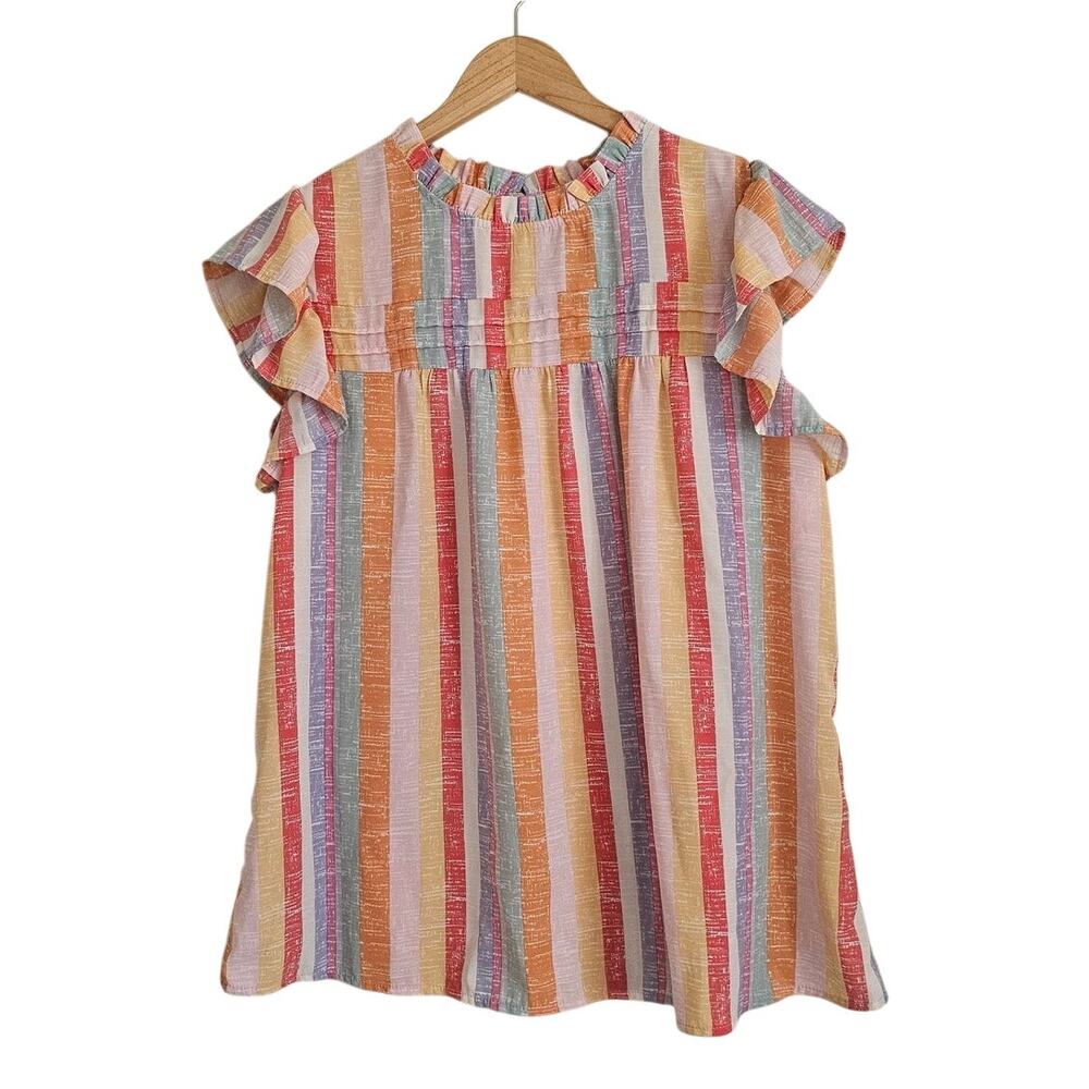 Multicolor Vertical Stripe Ruffle Sleeve Blouse Cottagecore Peasant Top, Size XL